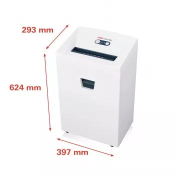 Smulkintuvas HSM Pure 420 – dalelių pjovimas P-4, 24 cm darbinis plotis, 15 lapų talpa, 35 l dėžė, balta