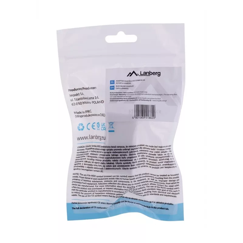 Tinklo šakotuvas LANBERG AD-RJ45-RJ45-OU6 — baltas RJ-45 1 įėjimas į 1 išėjimą