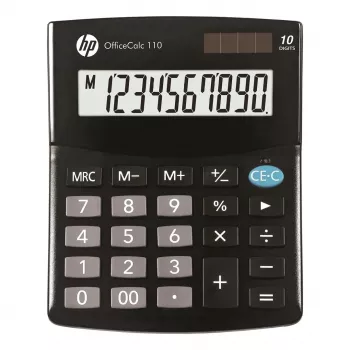 Stalinis skaičiuotuvas HP OC 110 — 10 skaitmenų LCD, baterija/saulės elementas, CR2032, 24 klavišai, juodas, 101×33×125 mm
