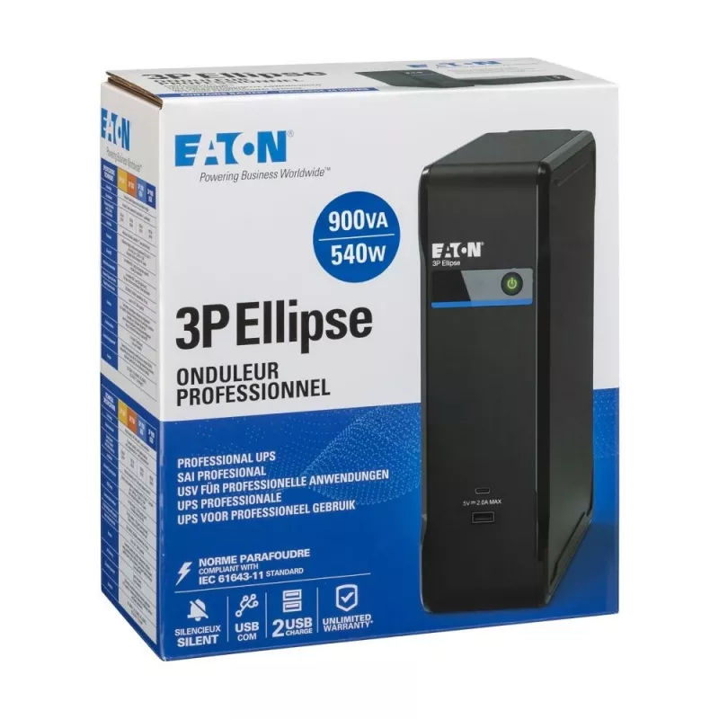 Eaton 3P Ellipse 900 nepertraukiamo maitinimo šaltinis, budėjimo (offline) režimas, 0,9 kVA / 540 W, 4 kintamosios srovės lizdai, USB-A / USB-C, 9 Ah baterija
