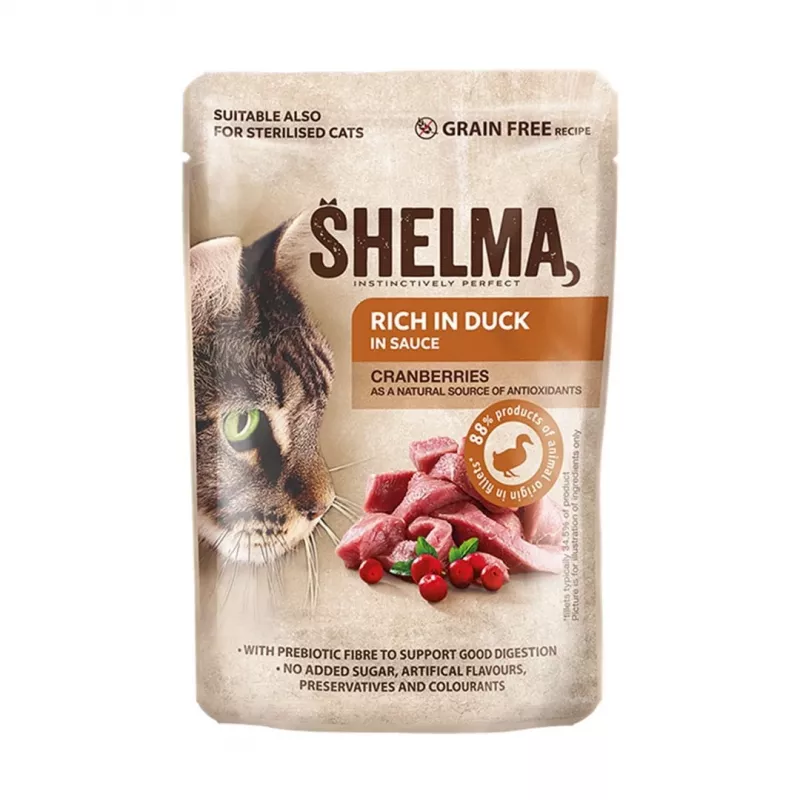 Šlapias kačių ėdalas SHELMA multipack 4×85 g — pilnavertis suaugusių kačių šlapias ėdalas, vištiena, kalakutiena, jautiena, antiena, be grūdų