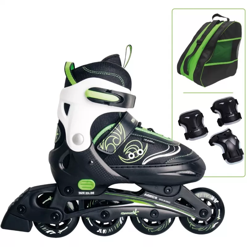 Inline skates Muuwmi 682 reguliuojamo dydžio 33–36 Žalia/Juoda su apsaugų rinkiniu