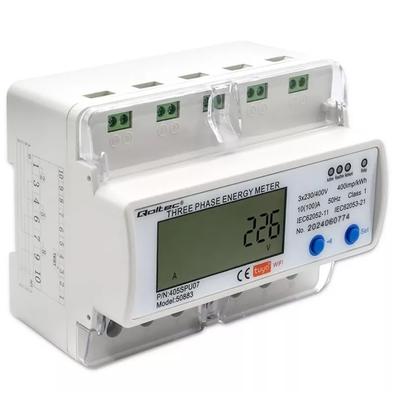Trifazis energijos skaitiklis QOLTEC 50883 Wi‑Fi 400V su LCD ekranu