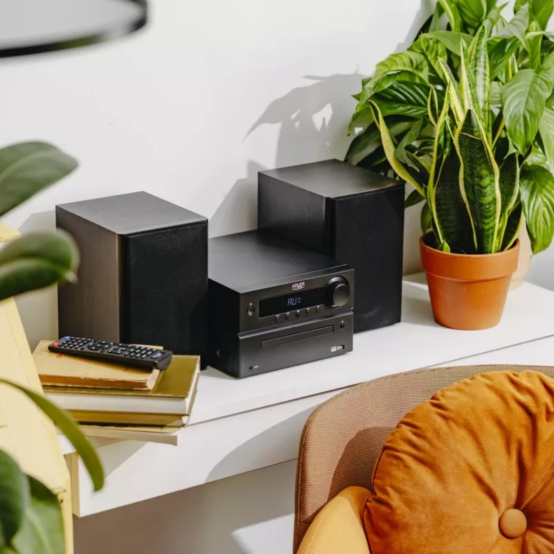 Mini Hi-Fi stereosistema Adler AD 1917 — Bluetooth V5.3, CD/USB/MP3, 2×25W RMS, FM imtuvas, 4 juostų ekvalaizeris, AUX, juoda