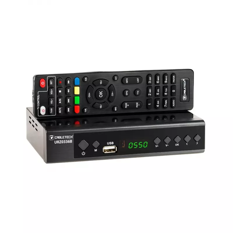 Skaitmeninės TV imtuvas Cabletech URZ0336C DVB-T/T2 H.265 anteninis tiuneris, 470–862 MHz, 1 tiuneris, HDMI, USB, SCART