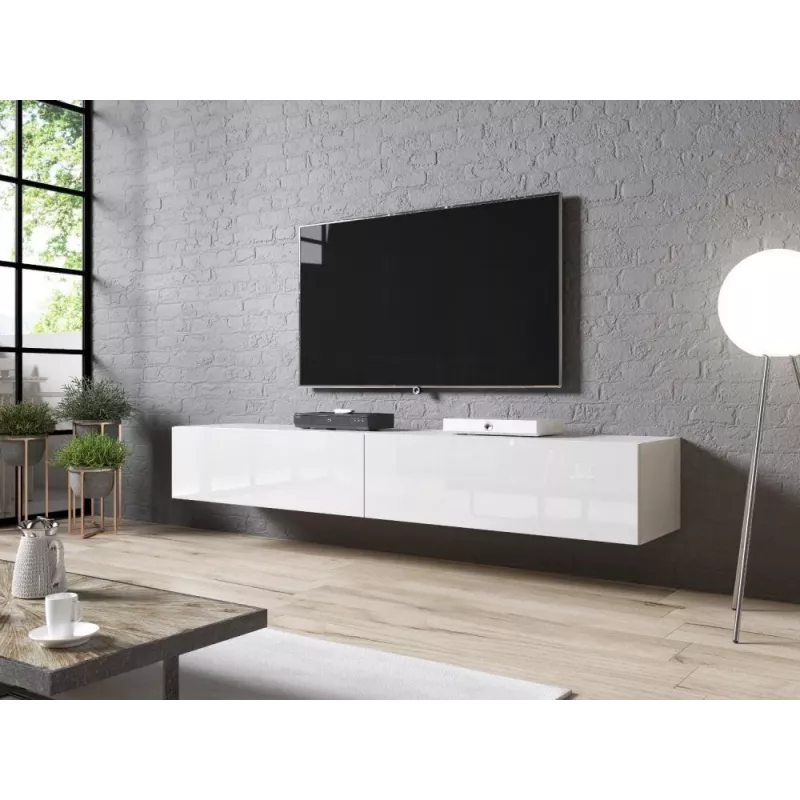 TV staliukas cama meble SLIDE 200 — 2000×400×300 mm, baltas blizgus MDF viršus, baltas rėmas
