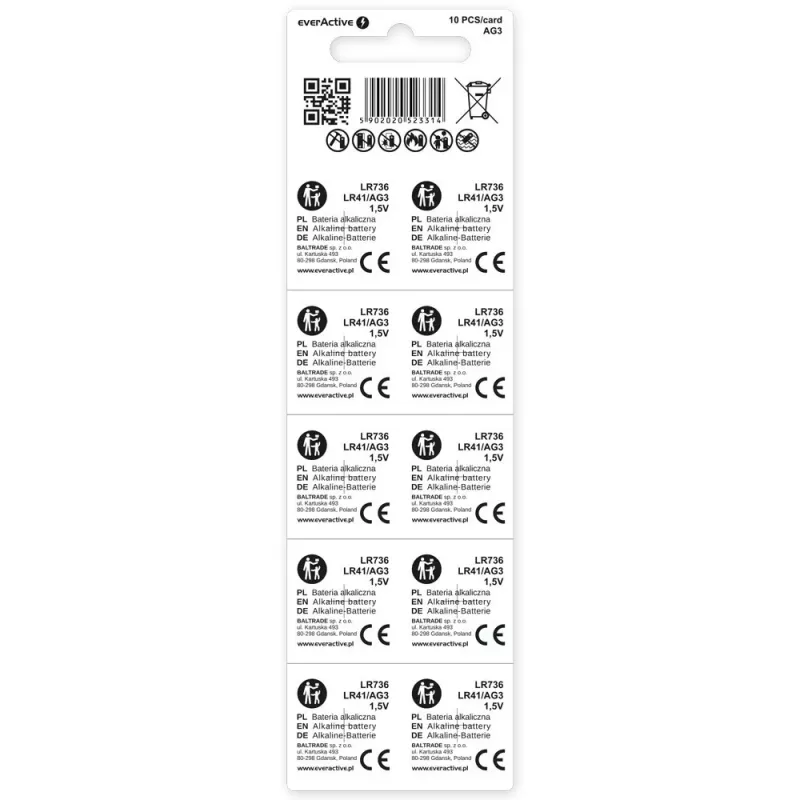 Vienkartinė šarminė sagos tipo baterija everActive EVAG3 LR41 1,5 V — pakuotėje 10 vnt.