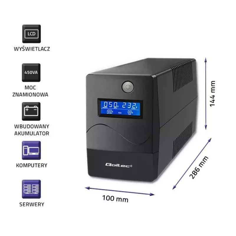 Qoltec Monolith nepertraukiamo maitinimo šaltinis (UPS) Dvigubos konversijos (Online) 0,45 kVA 240 W 2 AC lizdai