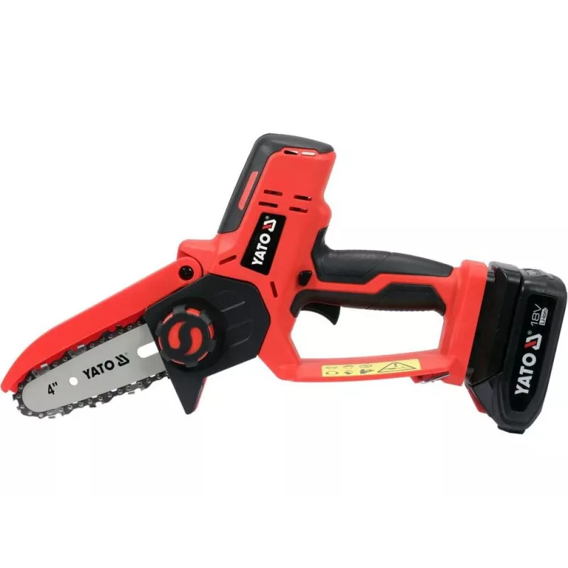 Belaidis grandininis pjūklas YATO YT-828135 — 18V Li-Ion 2Ah, 10 cm juosta, 3200 aps./min, 4,8 m/s grandinės greitis, 26 grandys