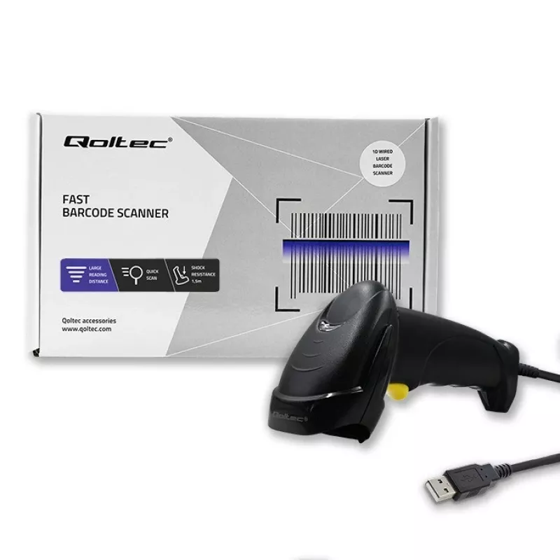 Qoltec 1D lazerinis brūkšninių kodų skaitytuvas | USB | Juodas