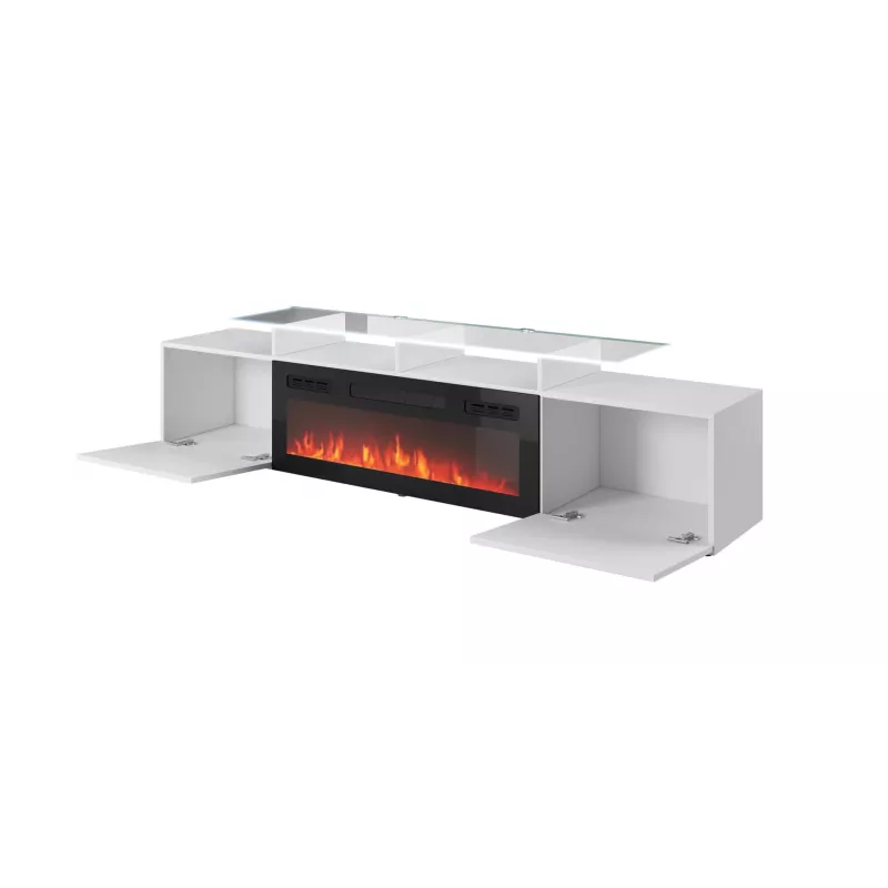 TV spintelė Cama Meble ROVA su elektriniu židiniu 190x37x48 cm balta / blizgi balta