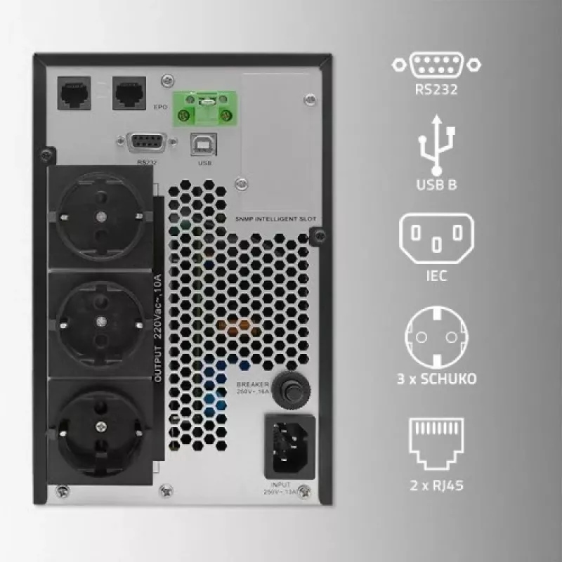 Qoltec 52281 nepertraukiamo maitinimo šaltinis (UPS) Dvigubo keitimo (Online) 2 kVA 2000 W 3 AC lizdai