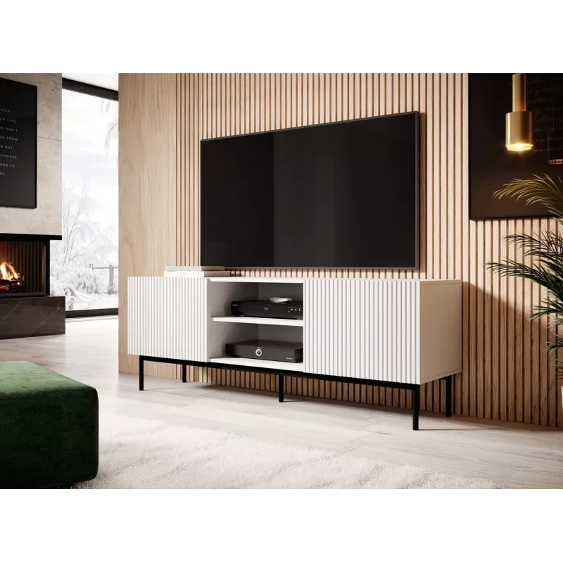 PAFOS RTV spintelė ant juodas plieninis rėmas 150x40x60 cm baltas matinis