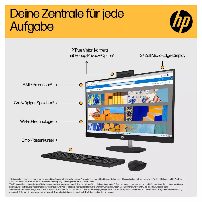 HP 27-cr0471ng - Viskas viename (Pilnas sprendimas) - Ryzen 7 7730U - RAM 16 GB - SSD 512 GB - NVMe - Radeon Graphics - 1GbE, Wi-Fi 6, Bluetooth - WLAN: 802.11a/b/g/n/ac/ax, Bluetooth
