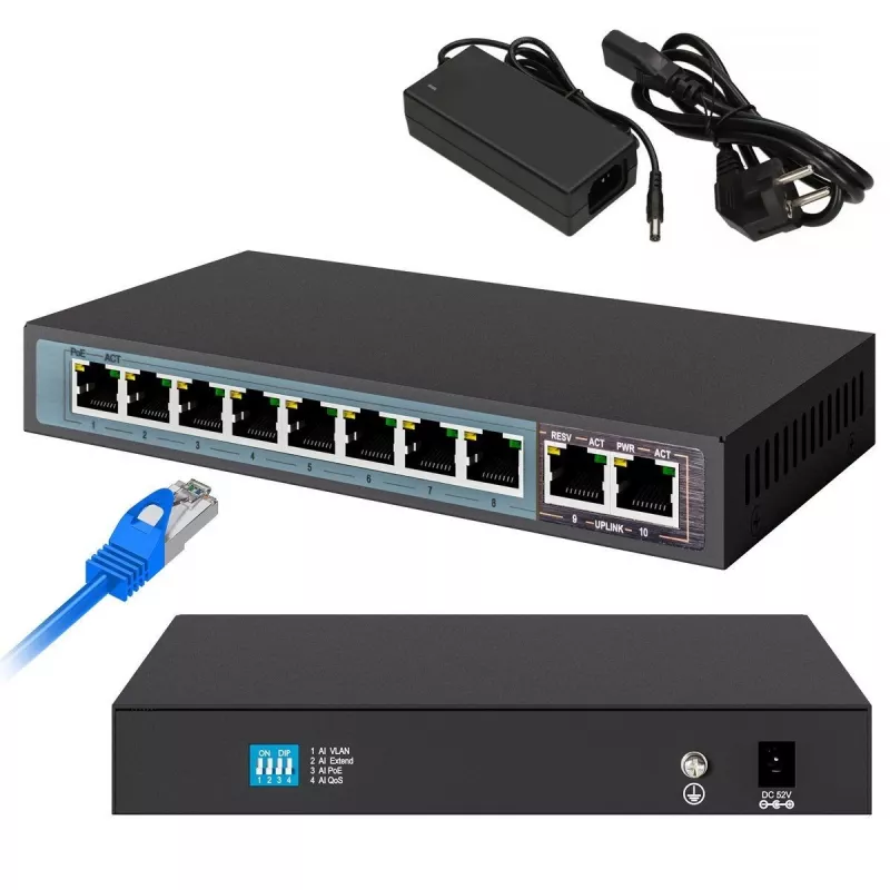 Extralink PoE jungiklis CERES 8x 100Mb/s PoE/PoE+, 2x RJ45 Uplink 100Mb/s, 96W