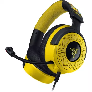 Ausinės Razer Kraken V4 X Pokemon — laidinės USB-C/USB-A, supraauralinės, 20–20000 Hz, 1,8 m laidas, 310 g, juoda/geltona