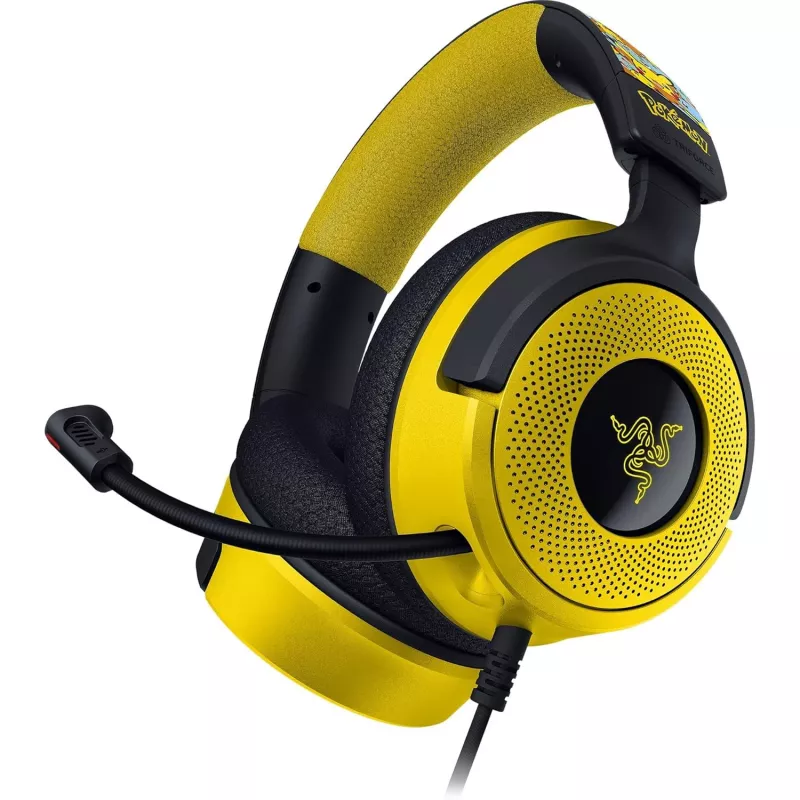 Ausinės Razer Kraken V4 X Pokemon — laidinės USB-C/USB-A, supraauralinės, 20–20000 Hz, 1,8 m laidas, 310 g, juoda/geltona
