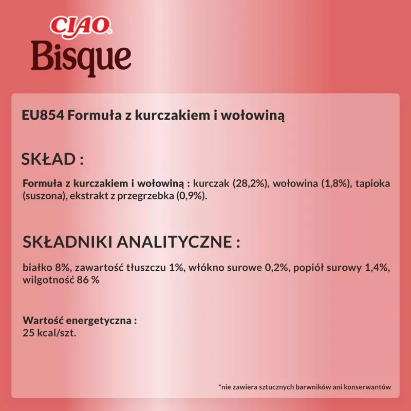 Šlapias kačių skanėstas INABA Ciao Bisque — Vištiena su jautiena, 40 g pakelis, be grūdų ir cukraus