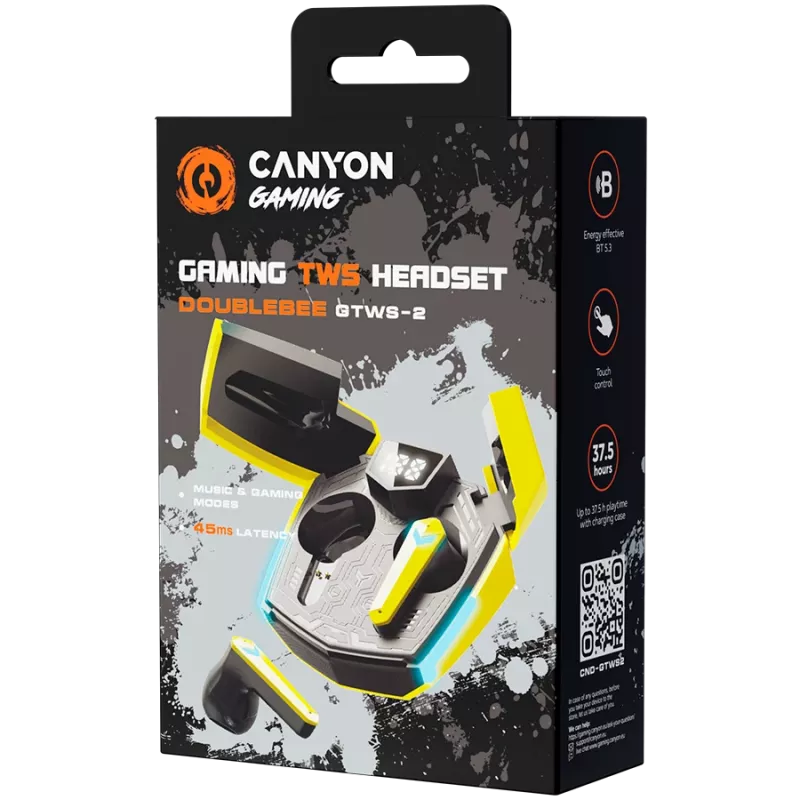 Canyon GTWS-2 belaidės ausinės su ausų kabliukais, žaidimams, USB Type-C, Bluetooth, įkrovimo doku, geltonos (CND-GTWS2Y)