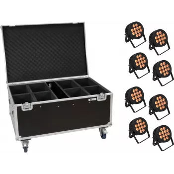 LED PAR šviestuvų komplektas EUROLITE 20000881 — 8 šviestuvai, 12x8W QCL, su skrydžių dėže su ratukais
