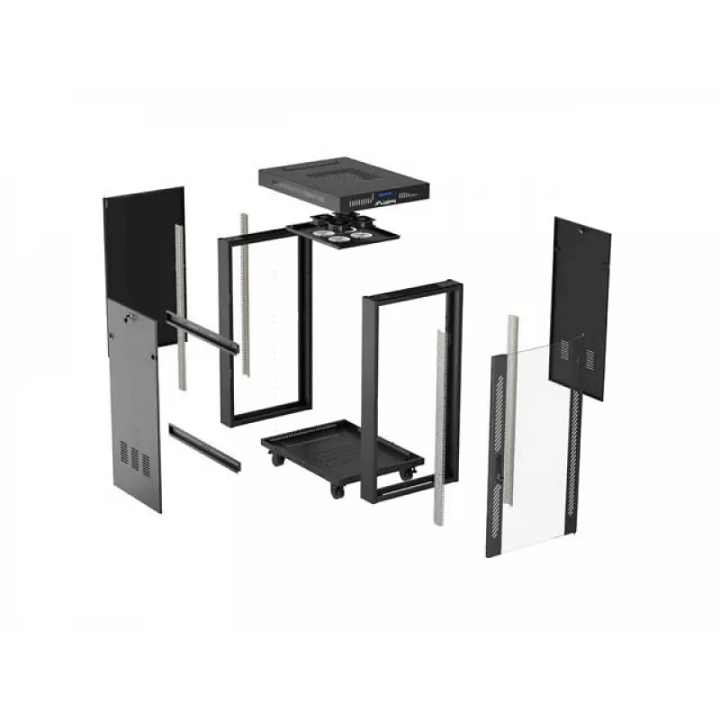 Stovintis 19 colių 24U montavimo spinta LANBERG 600x800 mm juoda su stiklinėmis durelėmis ir LCD išpjova (plokščia pakuotė) v2