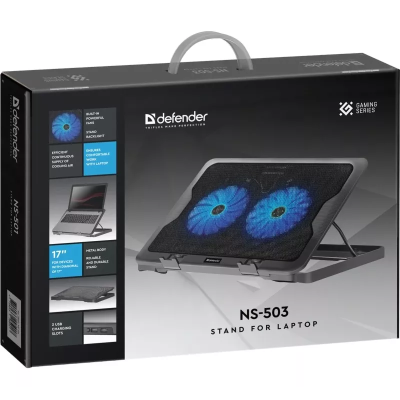 Nešiojamojo kompiuterio aušinimo padėklas DEFENDER NS-503 43,2 cm (17 colių) nešiojamiesiems kompiuteriams, 2 ventiliatoriai, maitinamas per USB, juodas