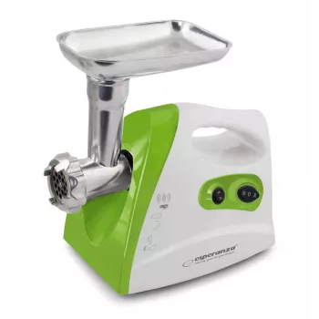 Mėsmalė ESPERANZA EKM012G — 600 W, nerūdijančio plieno ašmenys, dešrų antgalis, kebabų formavimo antgalis, reversinė funkcija, neslidžios kojelės, balta/žalia