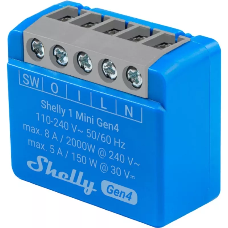 Išmanioji relės modulis Shelly 1 Mini Gen4, 1P 8A, Wi‑Fi/Matter/Zigbee/Bluetooth, 110–240V, kompaktiškas (2 vnt.)