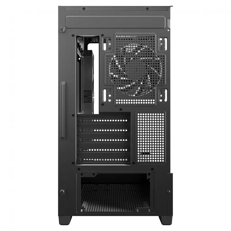 PC Midi Tower DeepCool CG380 3F — juoda, 235×437×451 mm, palaiko 2×120 mm šoninius + 1×120 mm galinį ventiliatorius, apatinis maitinimo blokas, 2,5 colio/3,5 colio HDD