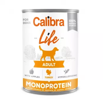 Šlapias šunų maistas Calibra Life Adult kalakutiena su obuoliais 400 g — pilnavertis konservuotas pašaras, 9% baltymų, 7% riebalų, be grūdų