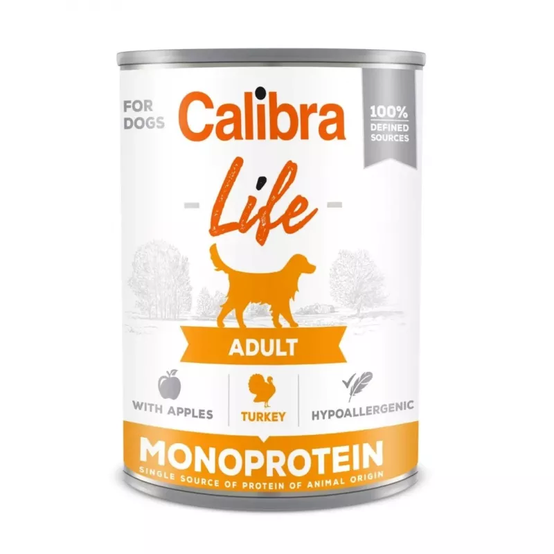 Šlapias šunų maistas Calibra Life Adult kalakutiena su obuoliais 400 g — pilnavertis konservuotas pašaras, 9% baltymų, 7% riebalų, be grūdų