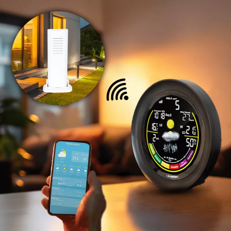 Oro stotelė BLAUPUNKT WS35BK APP — LCD ekranas, temperatūra ir drėgmė, žadintuvas, kalendorius, programėlės ryšys, 94×94×27 mm
