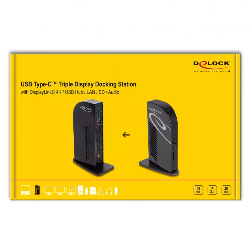 DeLOCK USB-C trigubo ekrano prijungimo stotelė 4K USB šakotuvas LAN garsas PD 96W