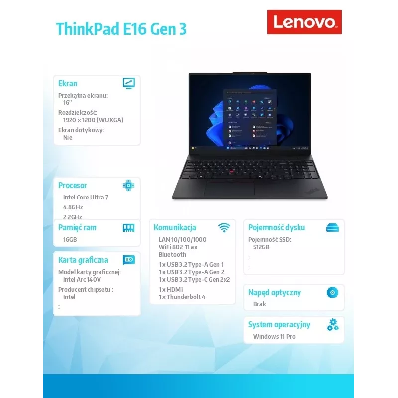 Nešiojamasis kompiuteris Lenovo ThinkPad E16 G3 22AY001SPB — Intel Ultra 7, 16,0 col. WUXGA, 16 GB RAM, 512 GB SSD, Windows 11 Pro, juodas, 1 metų garantija