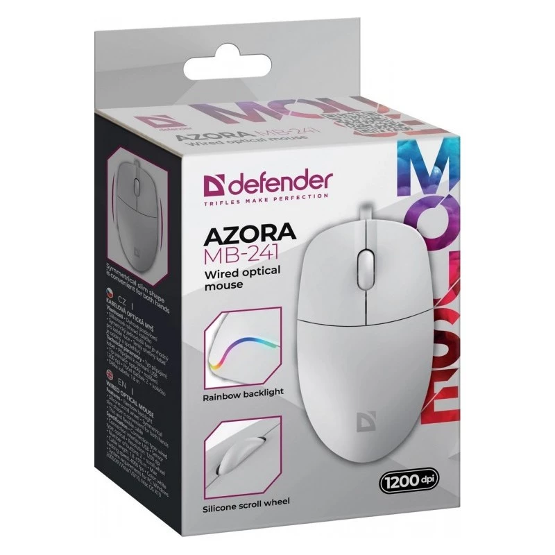 Laidinis pelelis DEFENDER AZORA MB-24 — abiem rankoms tinkama USB optinė, 1200 DPI, 3 raiškos režimai, balta, 109×86×34 mm