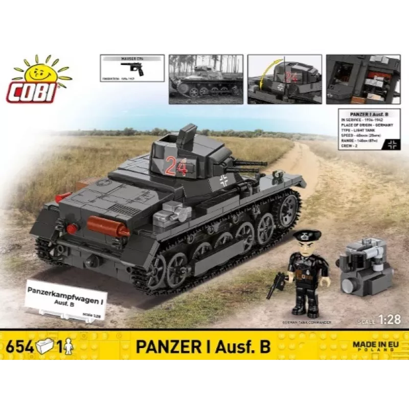 Statybinis rinkinys Cobi Panzer I Ausf. B – 654 detalės, detalus tanko modelio rinkinys