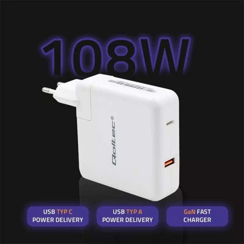 Qoltec GaN Charger FAST 108W | 5-20V | 3-4.7A | USB C | Balta