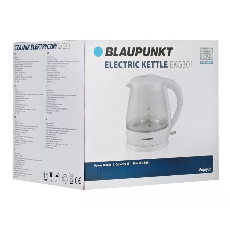 Elektrinis virdulys BLAUPUNKT 1 L 1630 W baltas — stiklinis korpusas, 360° pagrindas, mygtuku atidaromas dangtis