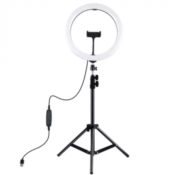 LED žiedinis šviestuvas 30 cm su trikoju iki 1,1 m ir telefono laikikliu, USB
