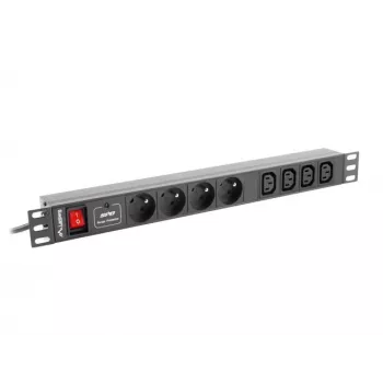 Maitinimo skirstytuvas LANBERG PDU-04E04I-0200-IEC-BK — 1U, 4 Type E lizdai, 2 m laidas, 10 A, 220–250 V