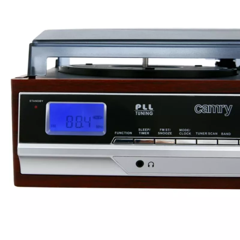 Garso patefonas Camry CR 1168 — juodas su medžio apdaila, 33/45 RPM, įmontuoti garsiakalbiai, RCA išvestis