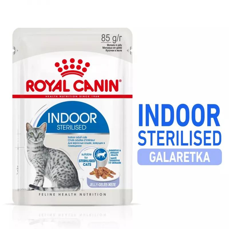 Šlapias kačių maistas Royal Canin Indoor Sterilized 85 g pakuotė — suaugusios patalpose laikomos sterilizuotos katės, paukštienos skonio, pakuotė 12 x 85 g
