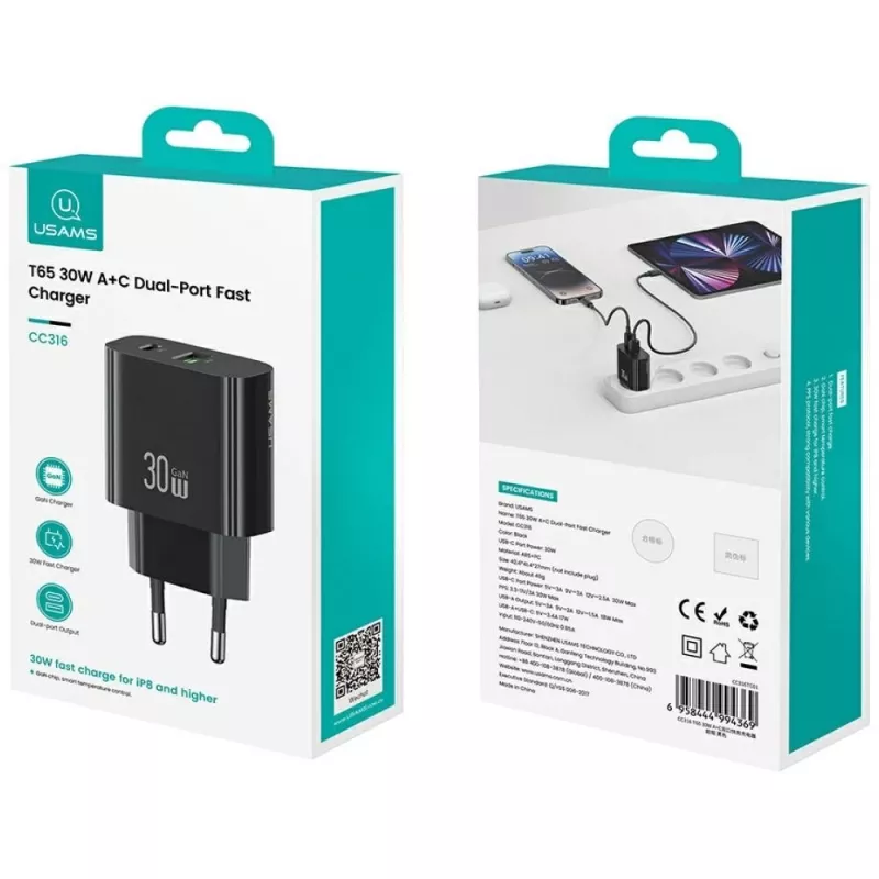 usams Įkroviklis USA001631 30W su 1x USB-C ir 1x USB-A greitas įkrovimas