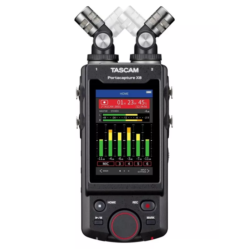 Nešiojamas daugiakanalis garso įrašytuvas Tascam Portacapture X8 — 6 kanalų, 24/32 bitų, iki 96 kHz, 4 XLR/TRS kombinuotos įvestys, SD kortelė, USB‑C, baterija arba tinklas