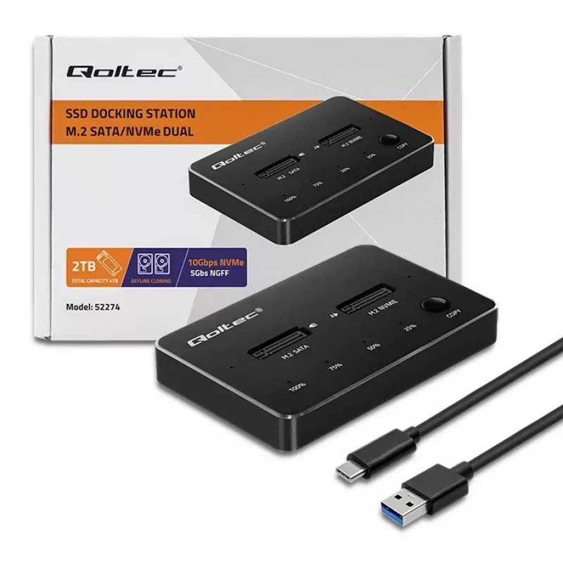 Qoltec 52274 M.2 SSD diskų prijungimo stotelė | NVMe | SATA | USB-C | DUAL 2 x 2TB