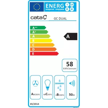 CATA gartraukis GC DUAL A 45 XGWH baldakimo tipo, energinio efektyvumo klasė A, plotis 45 cm, 820 m³/h, jutiklinis valdymas, LED, balto stiklo