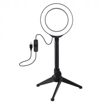 12 cm LED žiedinis šviestuvas su staliniu trikoju iki 21,8 cm, USB