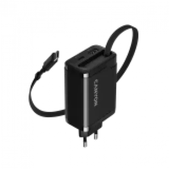 Įkroviklis CANYON OnCharge 65RC su integruotu USB-C laidu, 65W, 1x PD, 1x QC, ES kištukas, juodas
