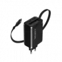 Įkroviklis CANYON OnCharge 65RC su integruotu USB-C laidu, 65W, 1x PD, 1x QC, ES kištukas, juodas