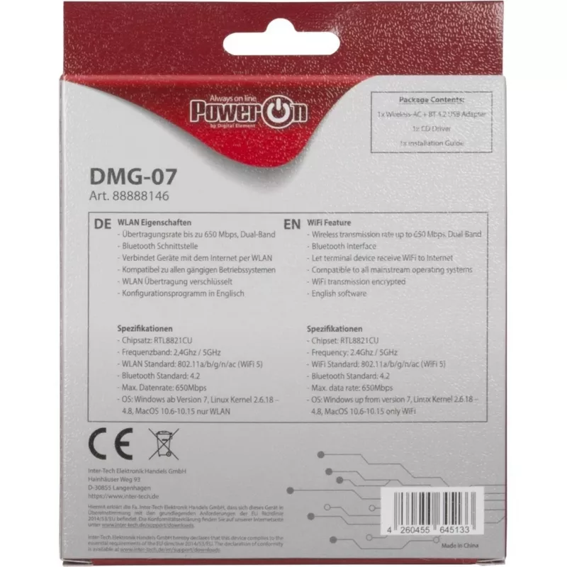Inter-Tech DMG-07 - Belaidis - USB - Wi-Fi / Bluetooth - Wi-Fi 5 (802.11ac) - 650 Mbit/s - Juoda (88888146)